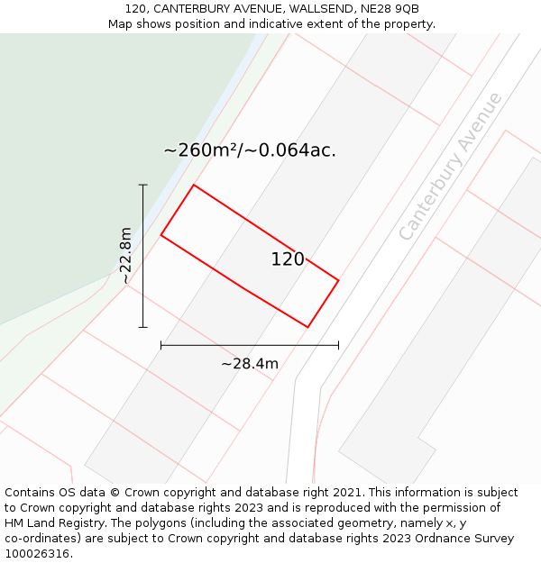120, CANTERBURY AVENUE, WALLSEND, NE28 9QB: Plot and title map