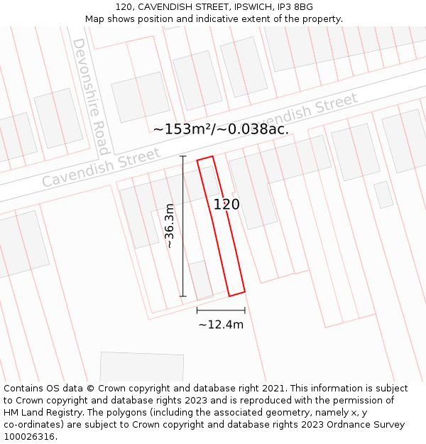 120, CAVENDISH STREET, IPSWICH, IP3 8BG: Plot and title map