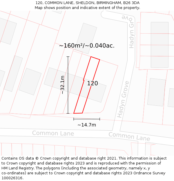 120, COMMON LANE, SHELDON, BIRMINGHAM, B26 3DA: Plot and title map