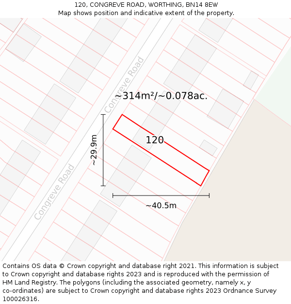 120, CONGREVE ROAD, WORTHING, BN14 8EW: Plot and title map