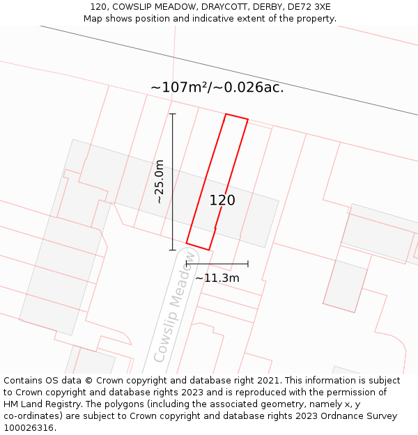 120, COWSLIP MEADOW, DRAYCOTT, DERBY, DE72 3XE: Plot and title map