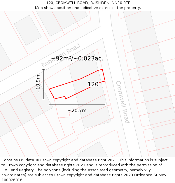 120, CROMWELL ROAD, RUSHDEN, NN10 0EF: Plot and title map