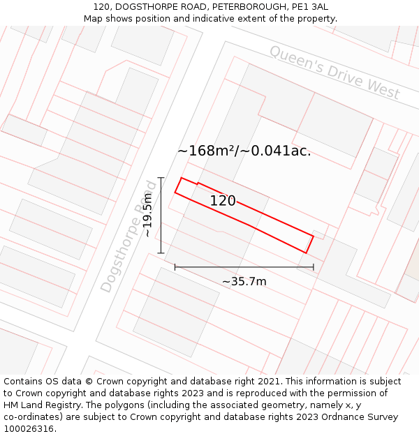 120, DOGSTHORPE ROAD, PETERBOROUGH, PE1 3AL: Plot and title map