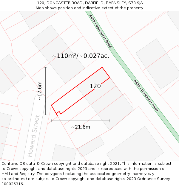 120, DONCASTER ROAD, DARFIELD, BARNSLEY, S73 9JA: Plot and title map