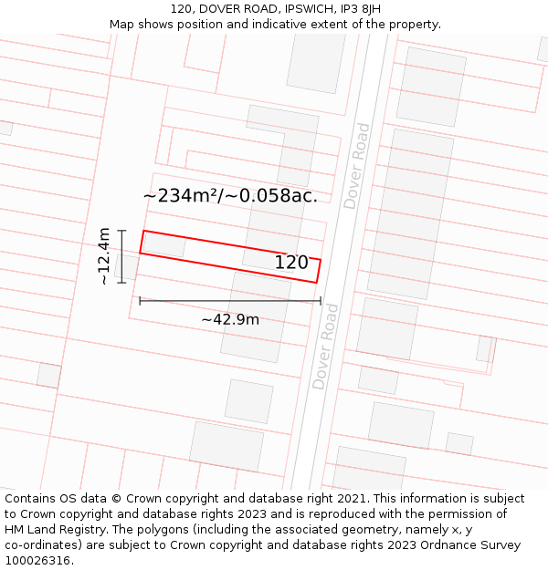 120, DOVER ROAD, IPSWICH, IP3 8JH: Plot and title map