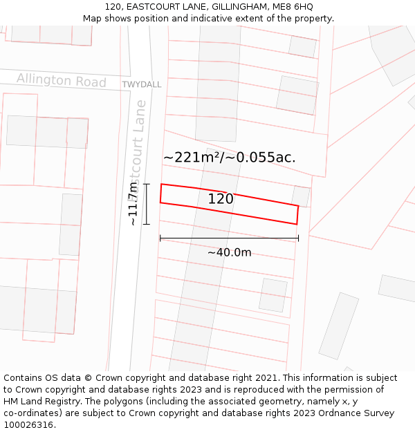 120, EASTCOURT LANE, GILLINGHAM, ME8 6HQ: Plot and title map