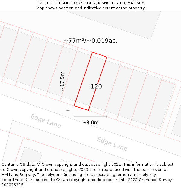120, EDGE LANE, DROYLSDEN, MANCHESTER, M43 6BA: Plot and title map