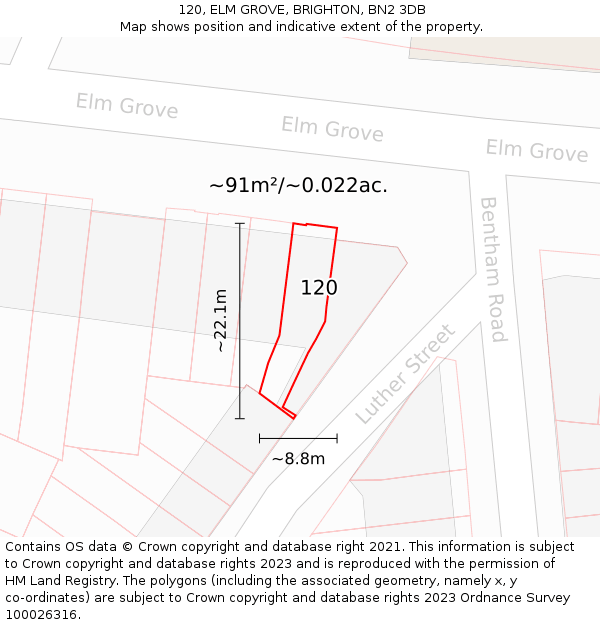120, ELM GROVE, BRIGHTON, BN2 3DB: Plot and title map