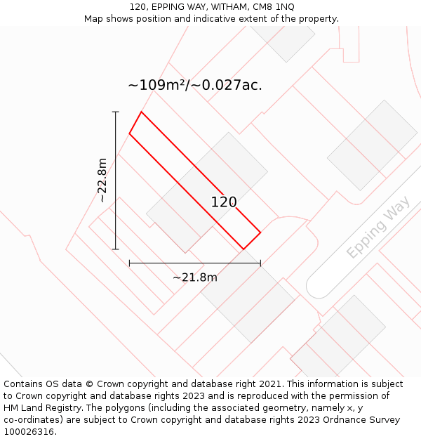 120, EPPING WAY, WITHAM, CM8 1NQ: Plot and title map