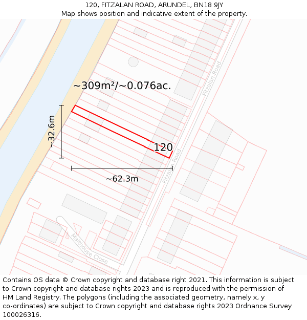 120, FITZALAN ROAD, ARUNDEL, BN18 9JY: Plot and title map