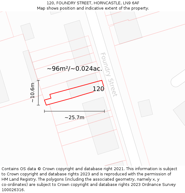 120, FOUNDRY STREET, HORNCASTLE, LN9 6AF: Plot and title map