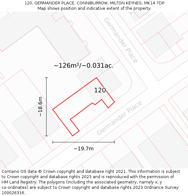 120, GERMANDER PLACE, CONNIBURROW, MILTON KEYNES, MK14 7DP: Plot and title map