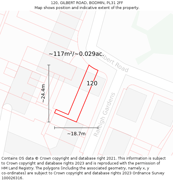 120, GILBERT ROAD, BODMIN, PL31 2FF: Plot and title map