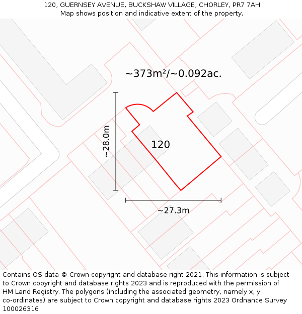 120, GUERNSEY AVENUE, BUCKSHAW VILLAGE, CHORLEY, PR7 7AH: Plot and title map