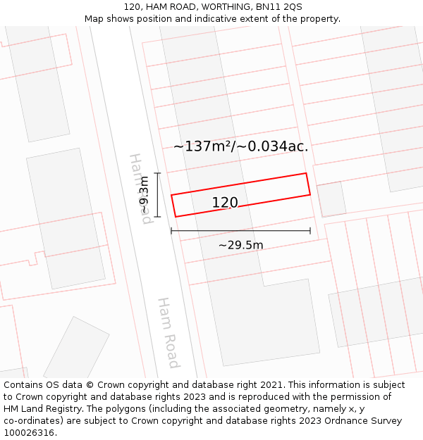 120, HAM ROAD, WORTHING, BN11 2QS: Plot and title map