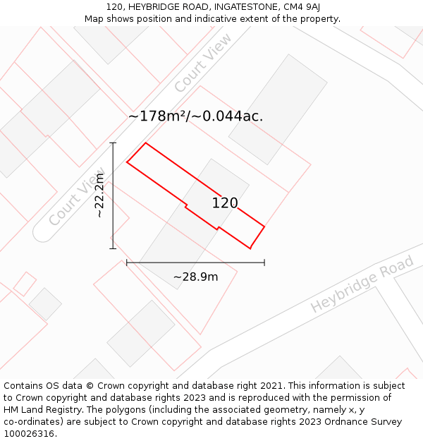 120, HEYBRIDGE ROAD, INGATESTONE, CM4 9AJ: Plot and title map