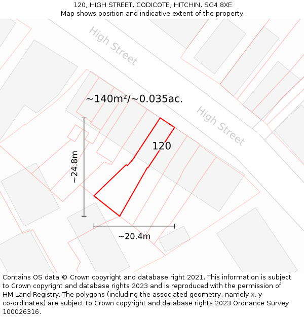 120, HIGH STREET, CODICOTE, HITCHIN, SG4 8XE: Plot and title map