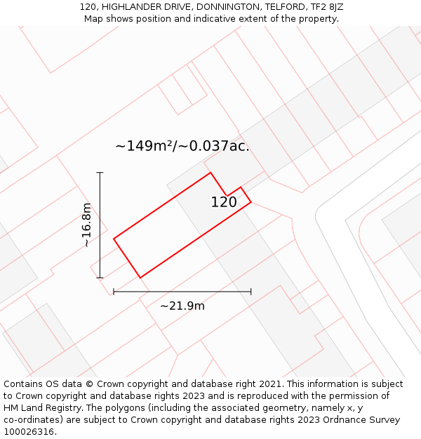 120, HIGHLANDER DRIVE, DONNINGTON, TELFORD, TF2 8JZ: Plot and title map
