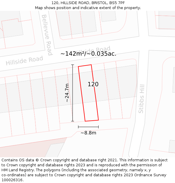 120, HILLSIDE ROAD, BRISTOL, BS5 7PF: Plot and title map