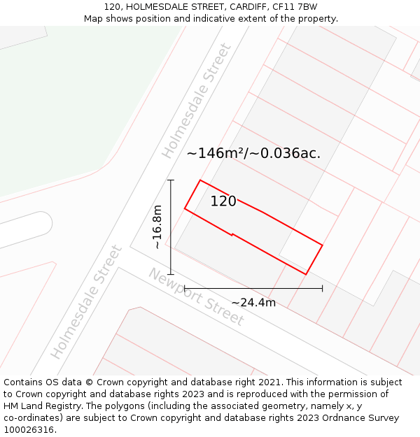 120, HOLMESDALE STREET, CARDIFF, CF11 7BW: Plot and title map
