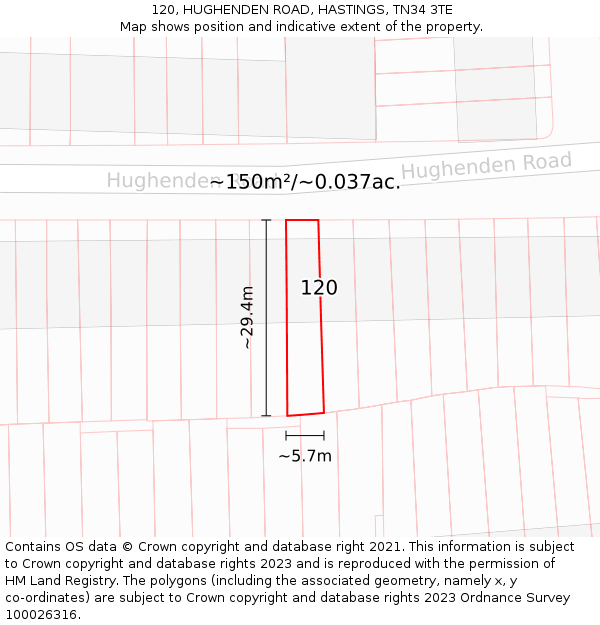 120, HUGHENDEN ROAD, HASTINGS, TN34 3TE: Plot and title map