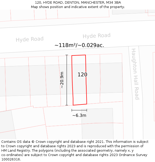 120, HYDE ROAD, DENTON, MANCHESTER, M34 3BA: Plot and title map