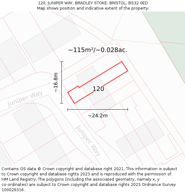 120, JUNIPER WAY, BRADLEY STOKE, BRISTOL, BS32 0ED: Plot and title map