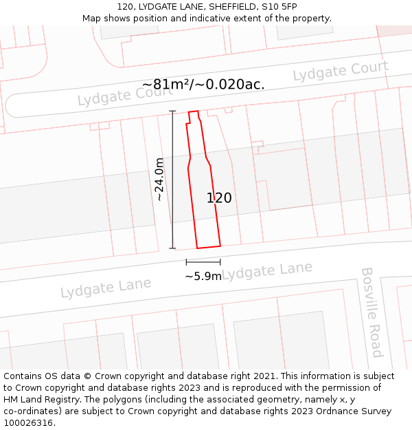 120, LYDGATE LANE, SHEFFIELD, S10 5FP: Plot and title map