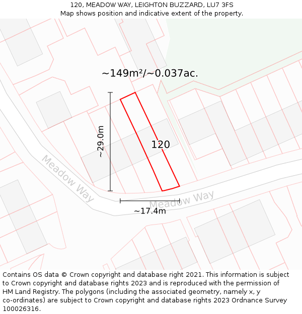 120, MEADOW WAY, LEIGHTON BUZZARD, LU7 3FS: Plot and title map