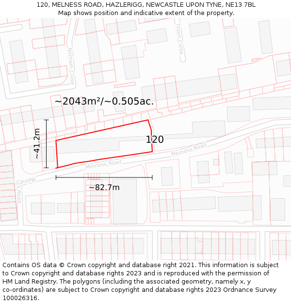 120, MELNESS ROAD, HAZLERIGG, NEWCASTLE UPON TYNE, NE13 7BL: Plot and title map