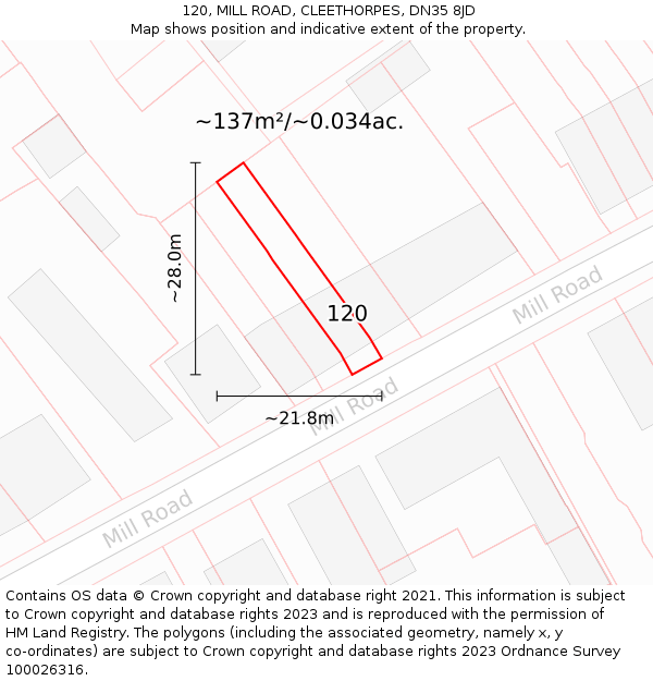 120, MILL ROAD, CLEETHORPES, DN35 8JD: Plot and title map