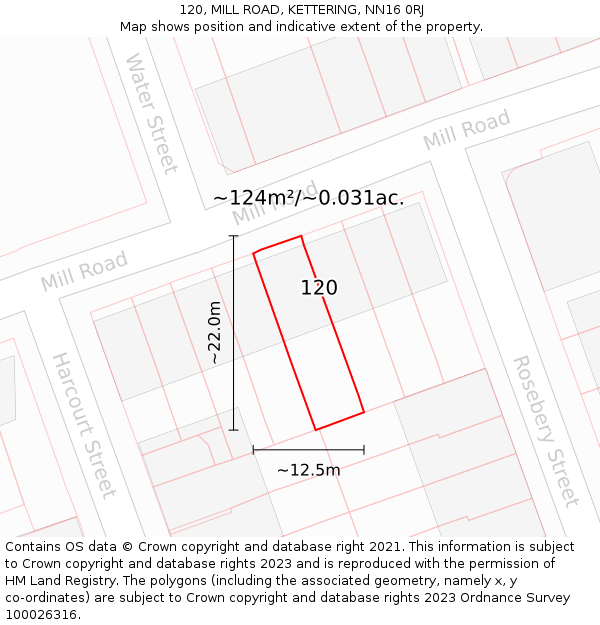 120, MILL ROAD, KETTERING, NN16 0RJ: Plot and title map