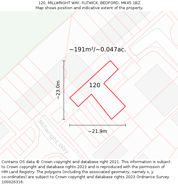120, MILLWRIGHT WAY, FLITWICK, BEDFORD, MK45 1BZ: Plot and title map