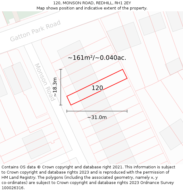 120, MONSON ROAD, REDHILL, RH1 2EY: Plot and title map