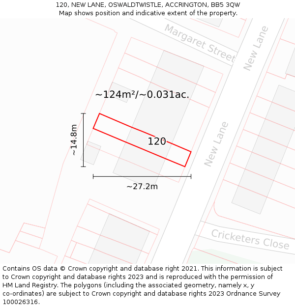 120, NEW LANE, OSWALDTWISTLE, ACCRINGTON, BB5 3QW: Plot and title map