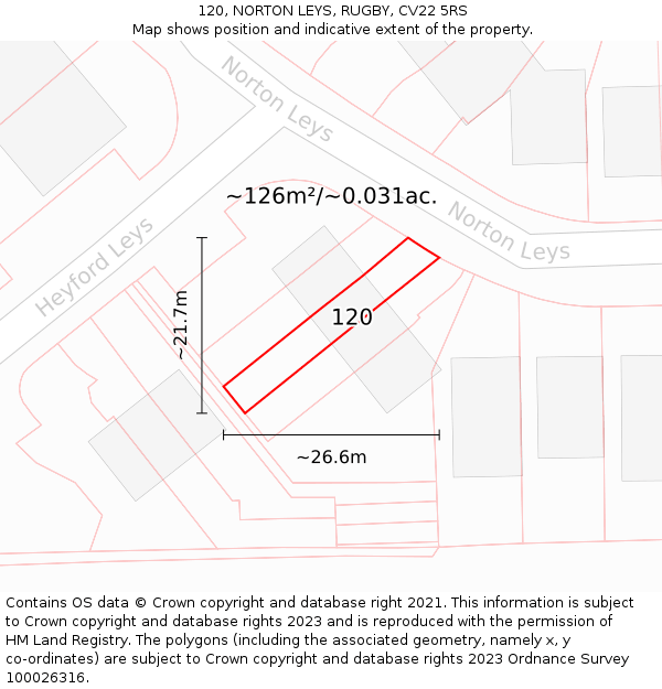 120, NORTON LEYS, RUGBY, CV22 5RS: Plot and title map