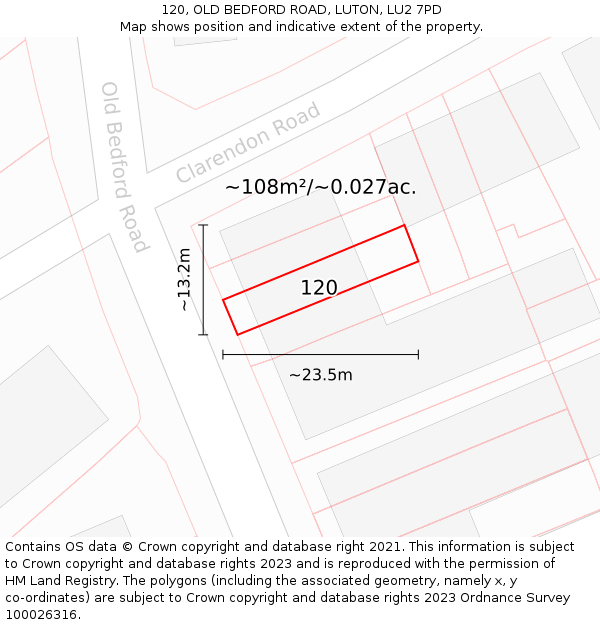 120, OLD BEDFORD ROAD, LUTON, LU2 7PD: Plot and title map