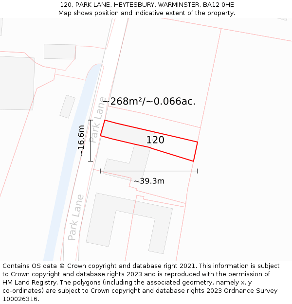 120, PARK LANE, HEYTESBURY, WARMINSTER, BA12 0HE: Plot and title map