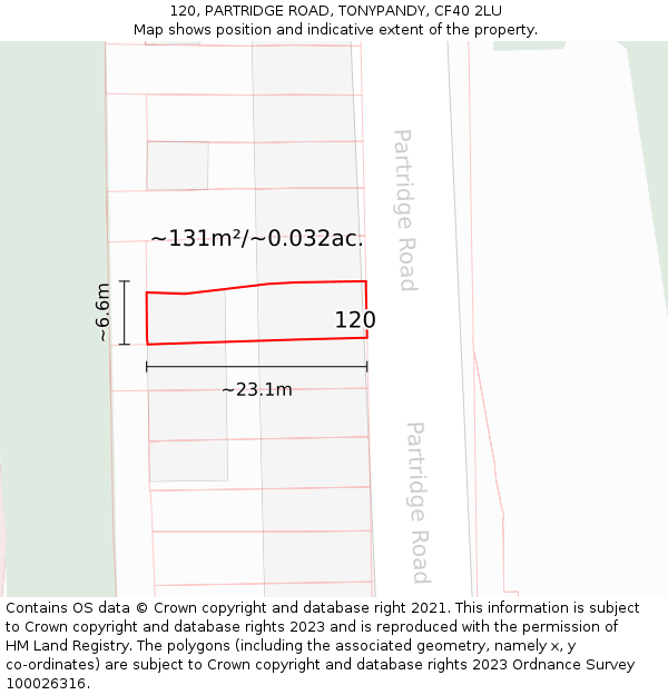 120, PARTRIDGE ROAD, TONYPANDY, CF40 2LU: Plot and title map