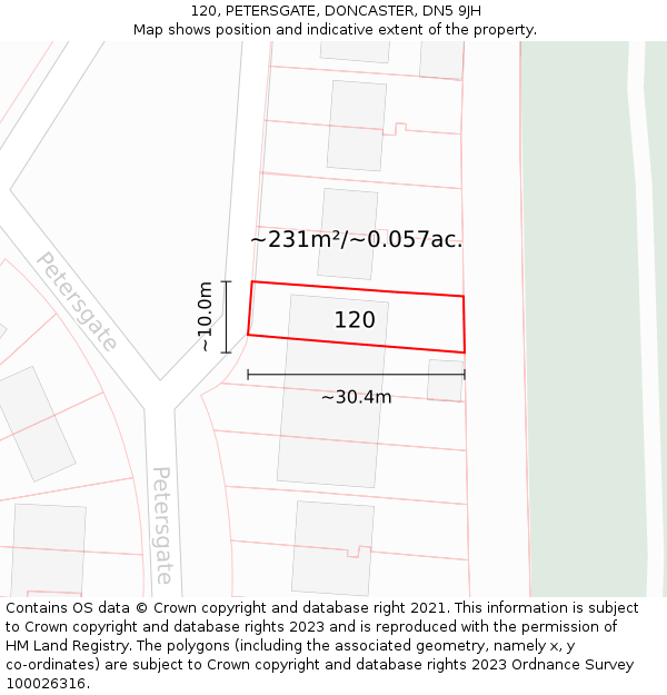 120, PETERSGATE, DONCASTER, DN5 9JH: Plot and title map