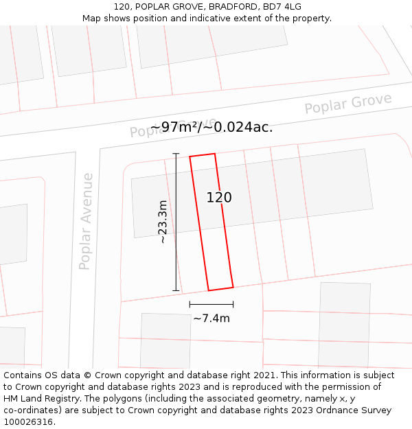 120, POPLAR GROVE, BRADFORD, BD7 4LG: Plot and title map