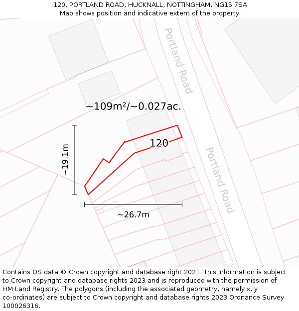 120, PORTLAND ROAD, HUCKNALL, NOTTINGHAM, NG15 7SA: Plot and title map