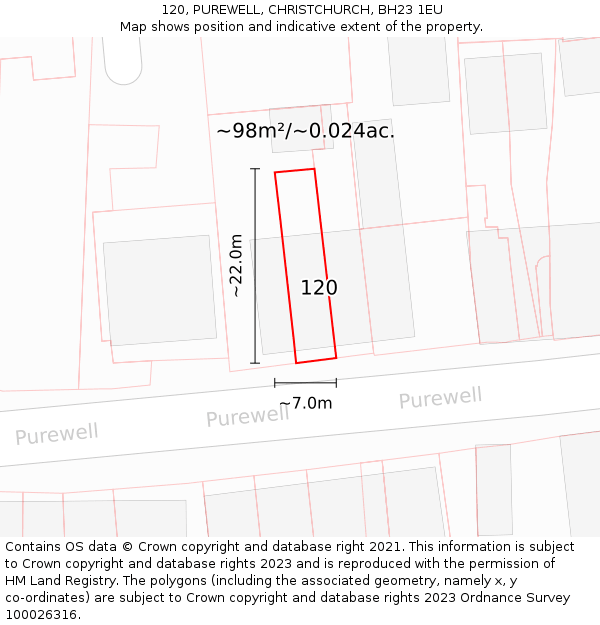 120, PUREWELL, CHRISTCHURCH, BH23 1EU: Plot and title map