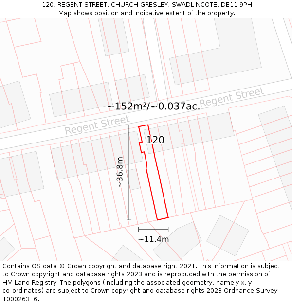 120, REGENT STREET, CHURCH GRESLEY, SWADLINCOTE, DE11 9PH: Plot and title map