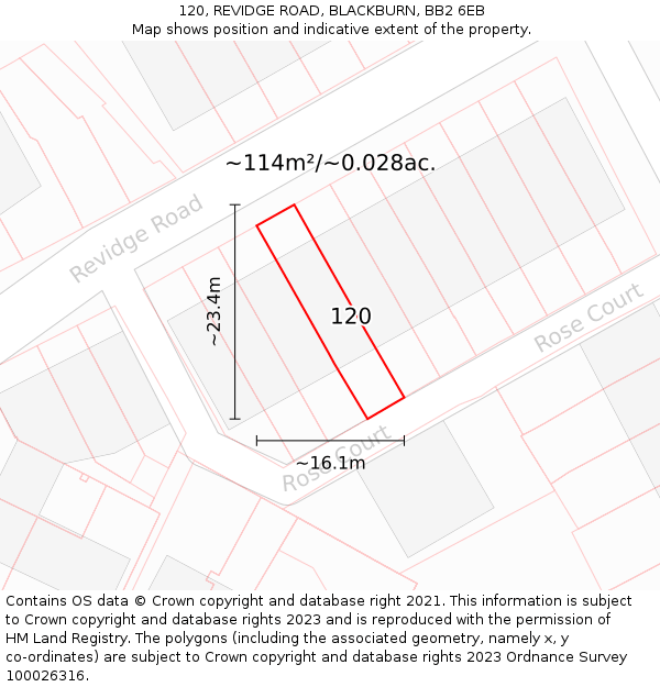 120, REVIDGE ROAD, BLACKBURN, BB2 6EB: Plot and title map