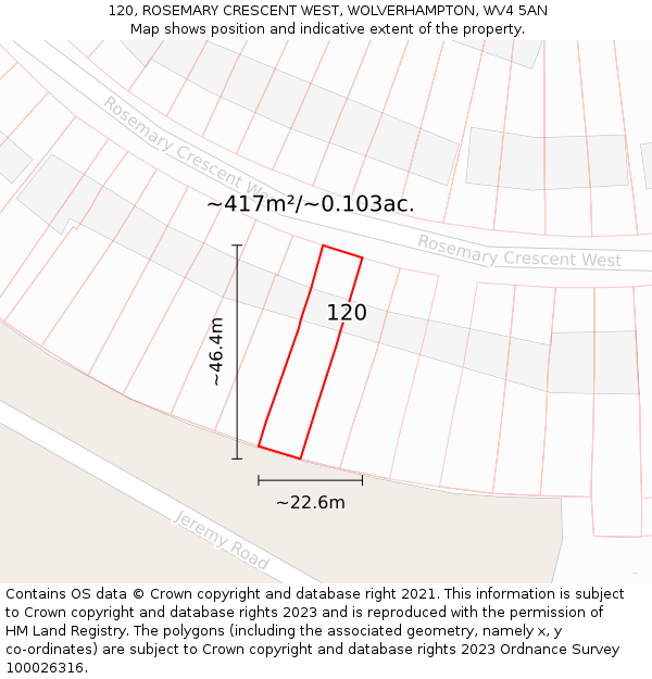 120, ROSEMARY CRESCENT WEST, WOLVERHAMPTON, WV4 5AN: Plot and title map