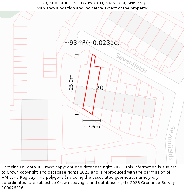 120, SEVENFIELDS, HIGHWORTH, SWINDON, SN6 7NQ: Plot and title map