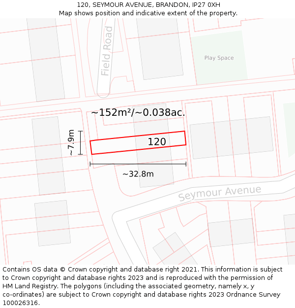 120, SEYMOUR AVENUE, BRANDON, IP27 0XH: Plot and title map