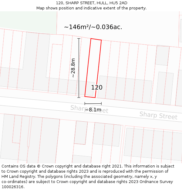 120, SHARP STREET, HULL, HU5 2AD: Plot and title map