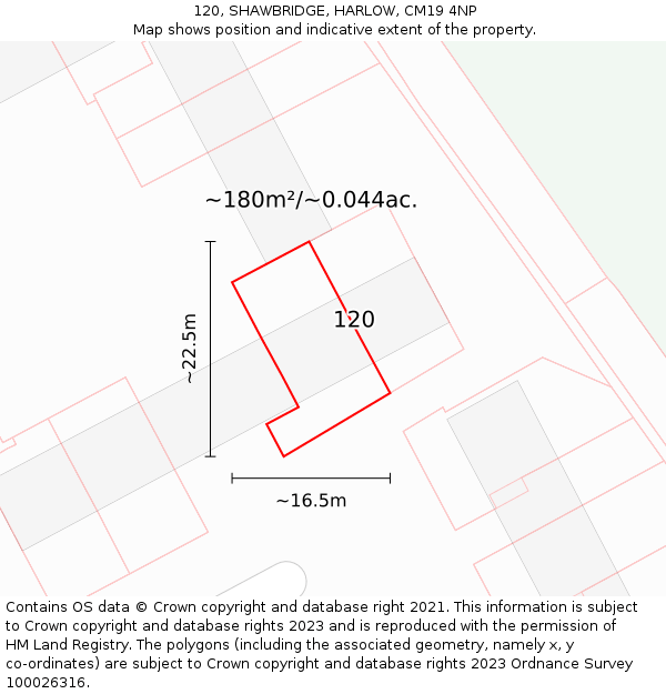 120, SHAWBRIDGE, HARLOW, CM19 4NP: Plot and title map